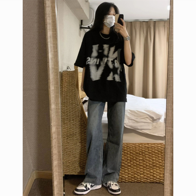 100%纯棉国潮牌美式高街oversize正肩短袖t恤女夏季慵懒小众上衣