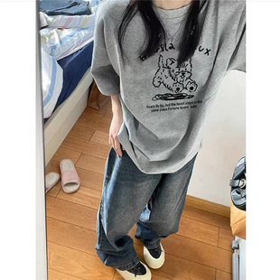 慵懒风半袖 纯棉美式 宽松韩版 t恤女夏季 上衣 复古狗狗正肩灰色短袖