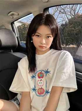 纯棉美式复古正肩短袖t恤女2025新款夏季宽松白色高级感半袖体恤