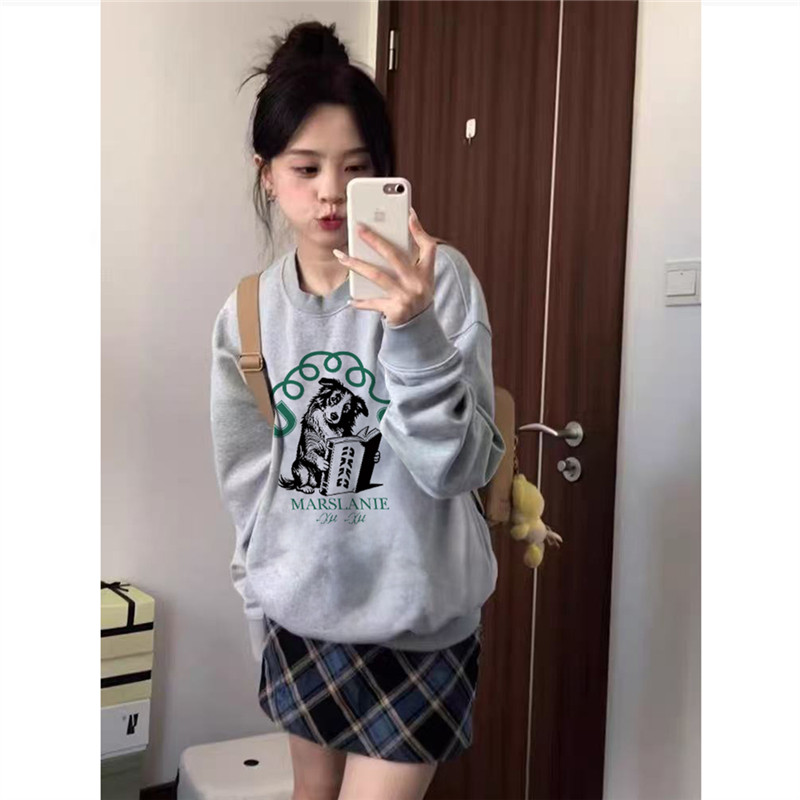 纯棉美式复古卡通灰色圆领卫衣女