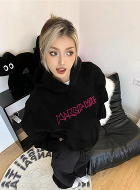 纯棉美式潮牌字母黑色连帽卫衣女2025新款秋季薄款宽松慵懒风外套
