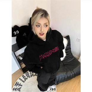 薄款 秋季 宽松慵懒风外套 潮牌字母黑色连帽卫衣女2025新款 纯棉美式
