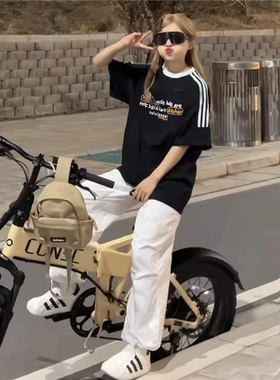 纯棉美式小个子字母潮牌三杠插肩短袖t恤女夏季宽松慵懒半袖上衣