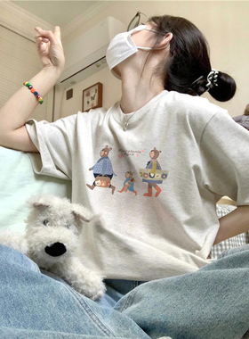100%纯棉美式港味chic灰色短袖t恤女夏季慵懒小个子独特别致上衣