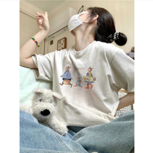 慵懒小个子独特别致上衣 t恤女夏季 100%纯棉美式 港味chic灰色短袖