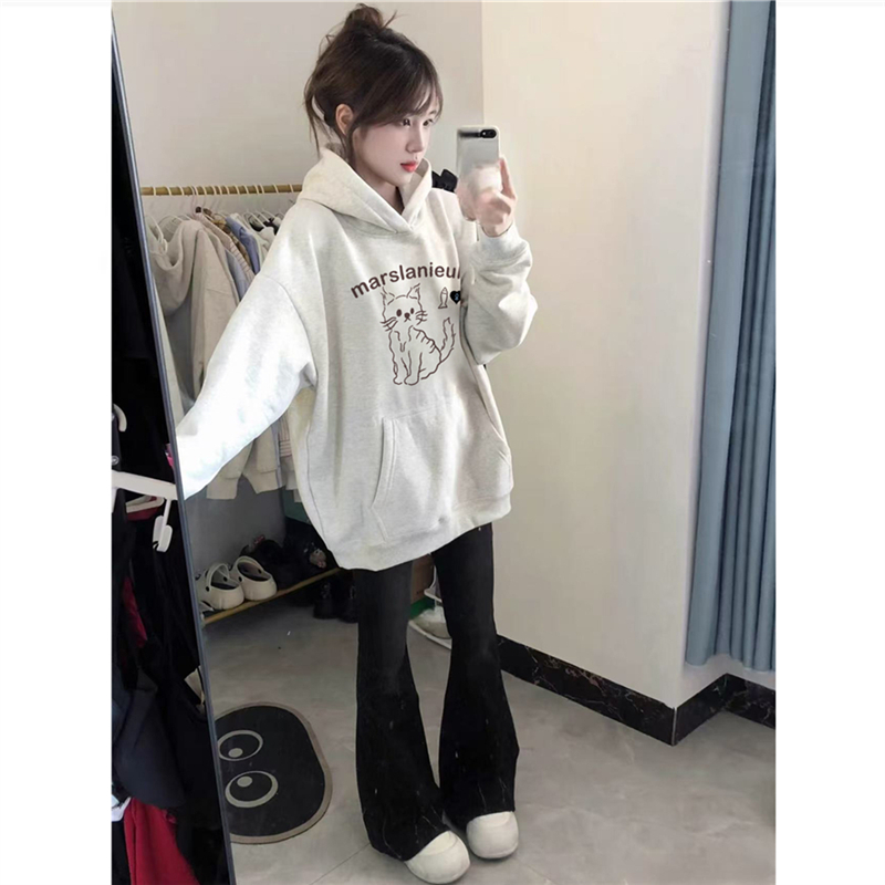 纯棉美式复古趣味猫咪连帽卫衣女