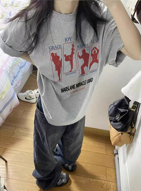 夏季纯棉美式复古hiphop正肩灰色短袖t恤女2026新款宽松超火体恤