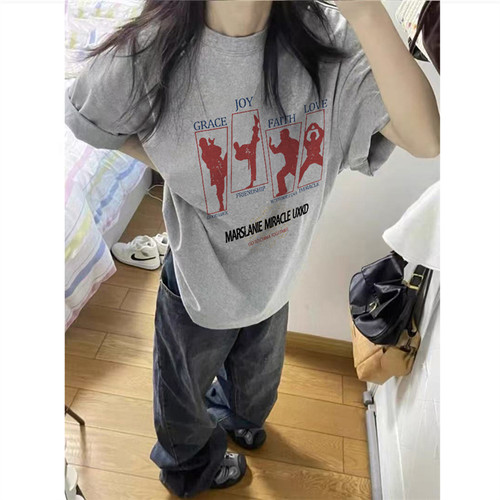 美式复古hiphop正肩短袖t恤女夏