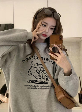 纯棉美式复古灰色套头圆领卫衣女秋冬加绒加厚宽松小众设计感上衣