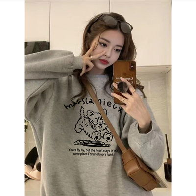 纯棉美式复古灰色套头圆领卫衣女