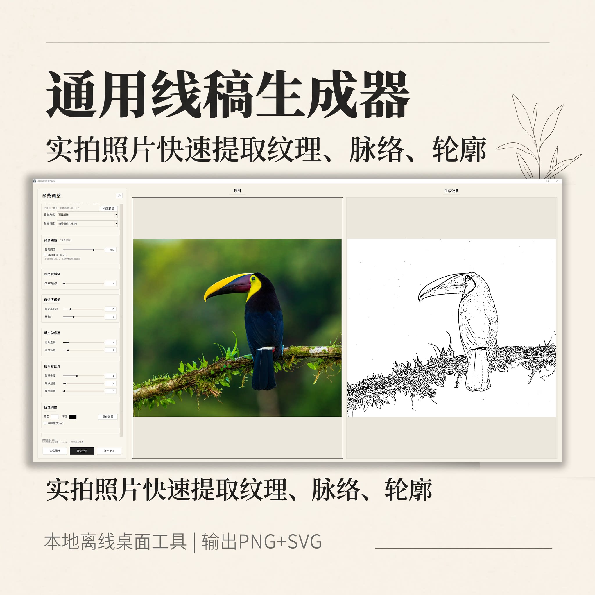 通用线稿生成器照片提取轮廓叶脉纹理图片转线稿PNG‑SVG矢量输出