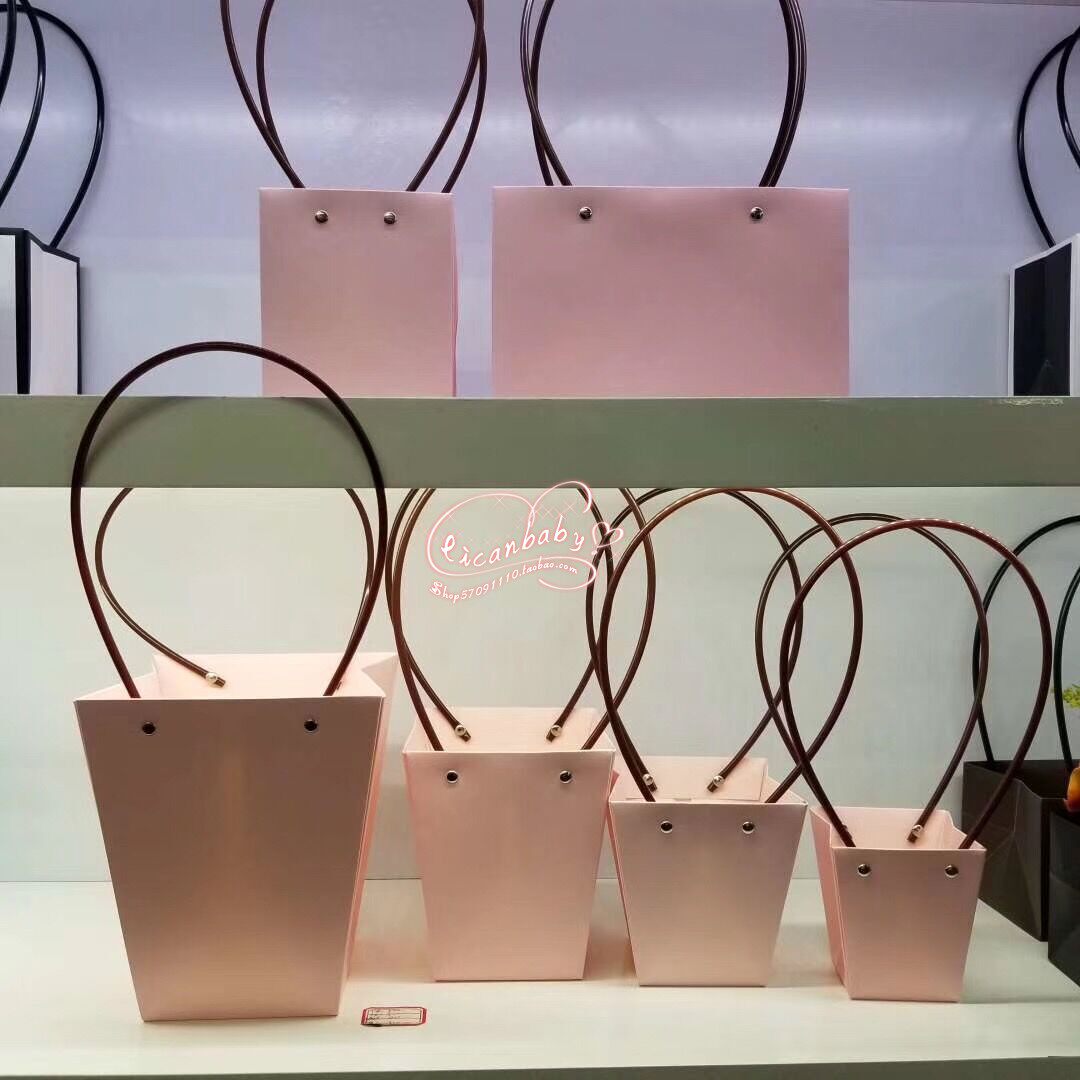 粉红色防水手提鲜花包装袋迷你多肉植物包装插花花艺花店包装袋