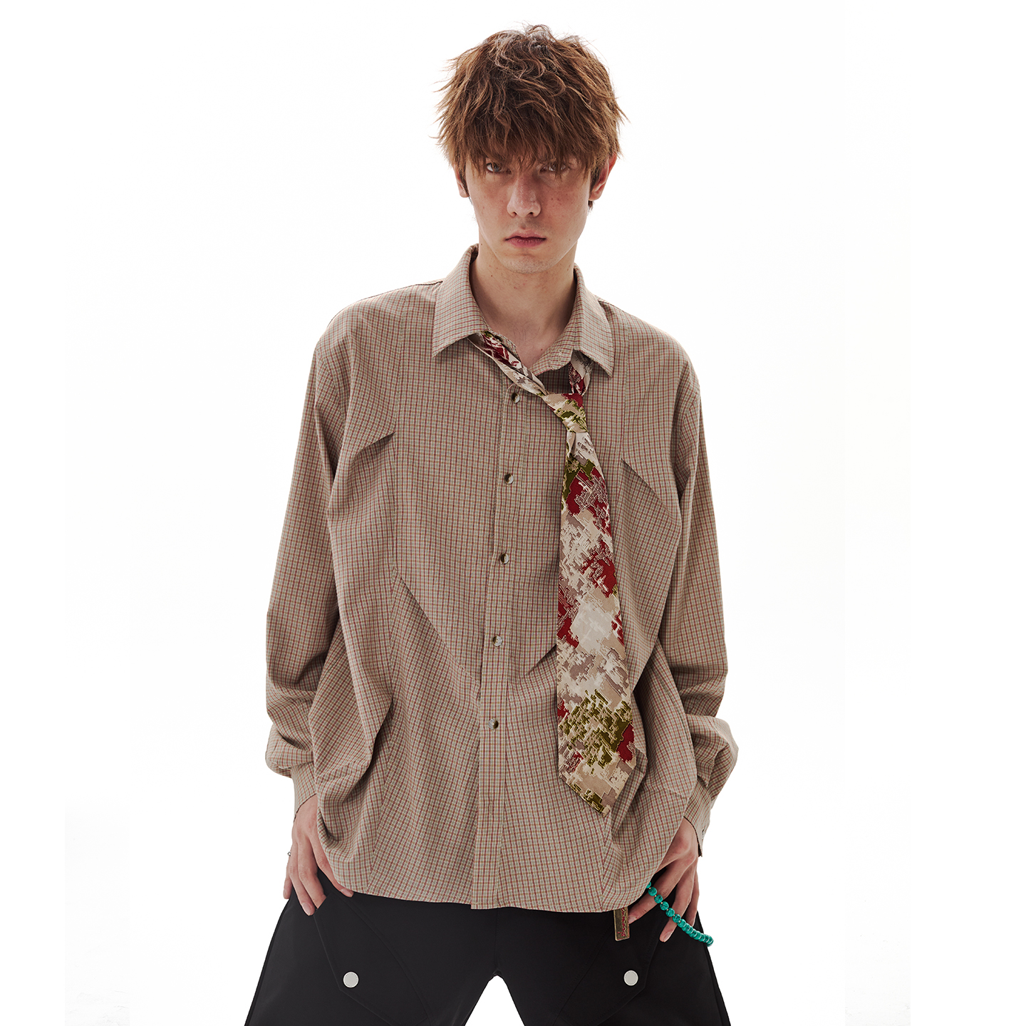 PASET美式复古格纹衬衫褶皱小众设计高级感潮牌长袖休闲衬衣男女