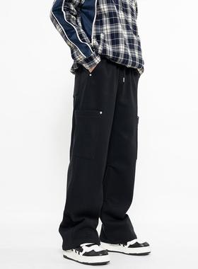 PASET美式复古水洗做旧褶皱设计感卫裤男宽松直筒美式弯刀长裤子