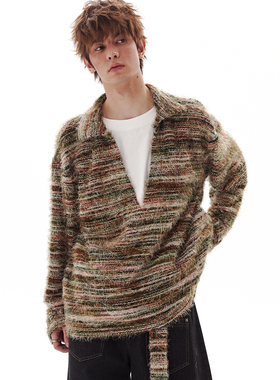 PASET美式复古渐变色条纹假两件针织开衫男女小众设计感毛衣外套