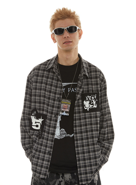 PASET美式复古贴布印花格子衬衫男纯棉休闲宽松慵懒感毛边衬衣