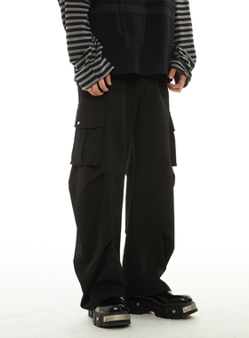 陈浚铭同款PASET美式弯刀褶皱口袋工装休闲裤男女潮牌宽松长裤子