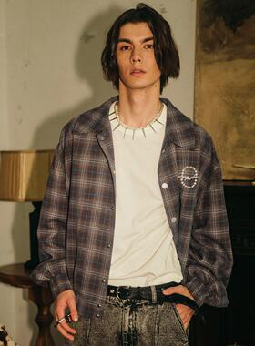 王橹杰同款PASET美式街头珍珠刺绣格子复古感宽松休闲上衣外套男