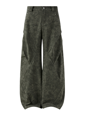 PASET脏感做旧复古工装风军绿色阔腿裤复古显瘦弯刀裤休闲长裤