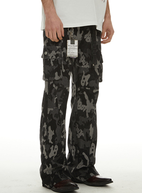 魏子宸同款PASET美式高街复古印花迷彩工装牛仔裤男宽松微喇长裤
