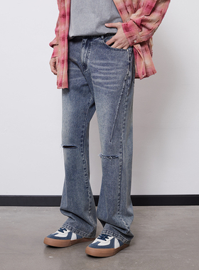 PASET水洗破洞磨烂蓝色刀割微喇牛仔裤男宽松休闲街头直筒阔腿裤