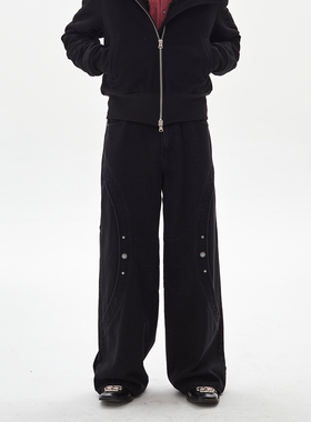 PASET黑色复古牛仔裤绿松石弯刀宽松直筒裤阔腿小众设计感休闲裤