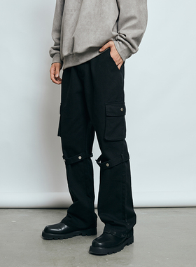 PASET美式街头工装黑色休闲裤男宽松显瘦裤子绑带设计微喇直筒裤