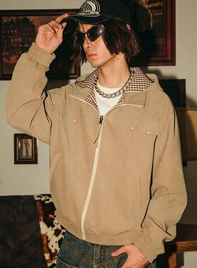 张桂源同款PASET美式复古两面穿连帽格子夹克男春秋宽松休闲外套