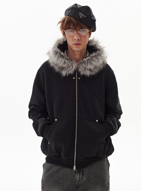 PASET美式复古毛领连帽拉链开衫卫衣秋冬拼接设计感男女潮流外套