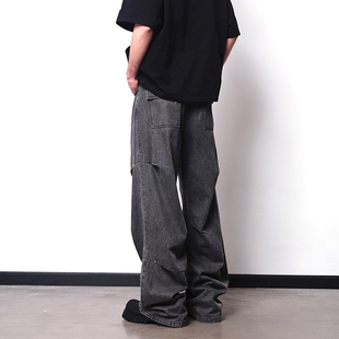美式 裤 宽松直筒褶皱牛仔裤 男街头水洗工装 子 阔腿休闲裤 左奇函同款