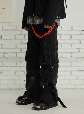 左奇函同款]PASET美式复古重工微喇牛仔裤男朋克亚比多口袋长裤子