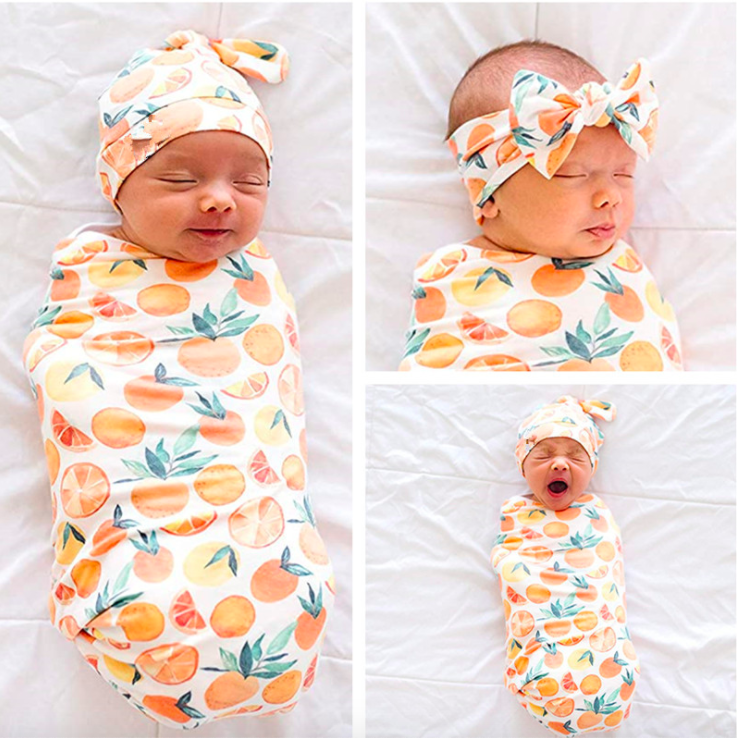 baby floral printed shower swaddle blanket  headbands hat