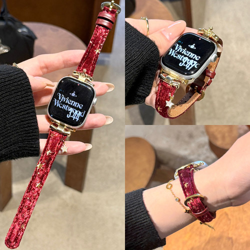 适用苹果手表真皮毛绒红色表带