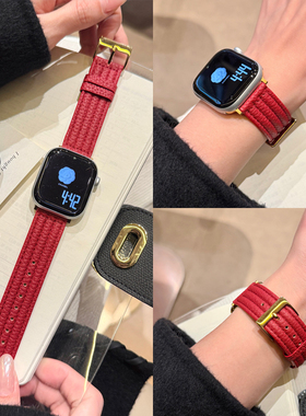 适用苹果applewatch手表表带11红色10新款9真皮8高级iwatch男女se