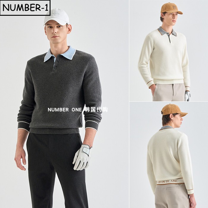 韩国代购高尔夫球服25年男冬徽标提花羊毛半纽扣翻领长袖针织上衣