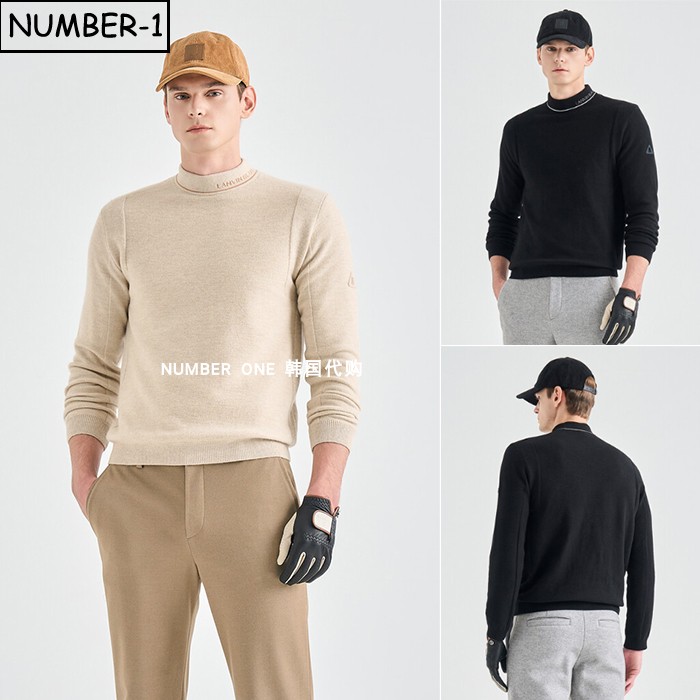 韩国代购高尔夫球服25年男冬纯色徽标刻字小高领羊毛针织长袖上衣
