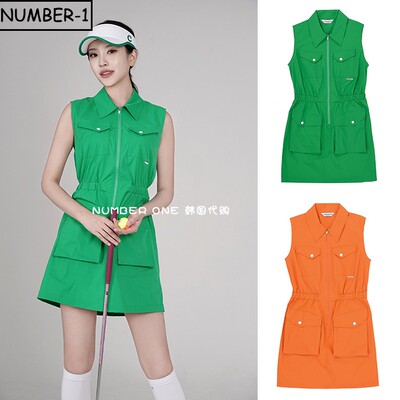 韩国代购CHUCUCHU高尔夫球服23年女夏纯色口袋拉链翻领无袖连衣裙