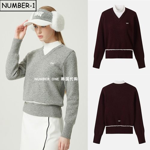 韩国代购pxg高尔夫球服25年女冬拼色徽标小高领长袖防风保暖毛衣