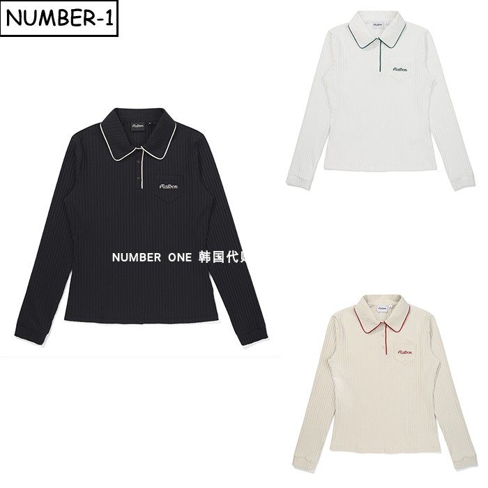 韩国代购malbon高尔夫球服25年女秋徽标贴袋半纽扣翻领长袖套头衫