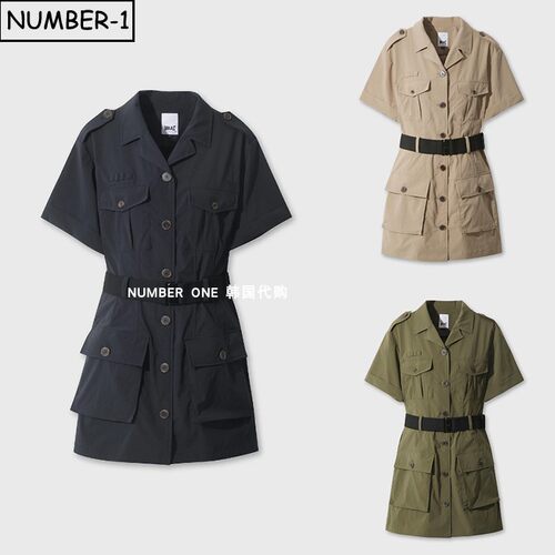 韩国代购waac高尔夫球服26年女夏纯色徽标腰带纽扣翻领短袖连衣裙