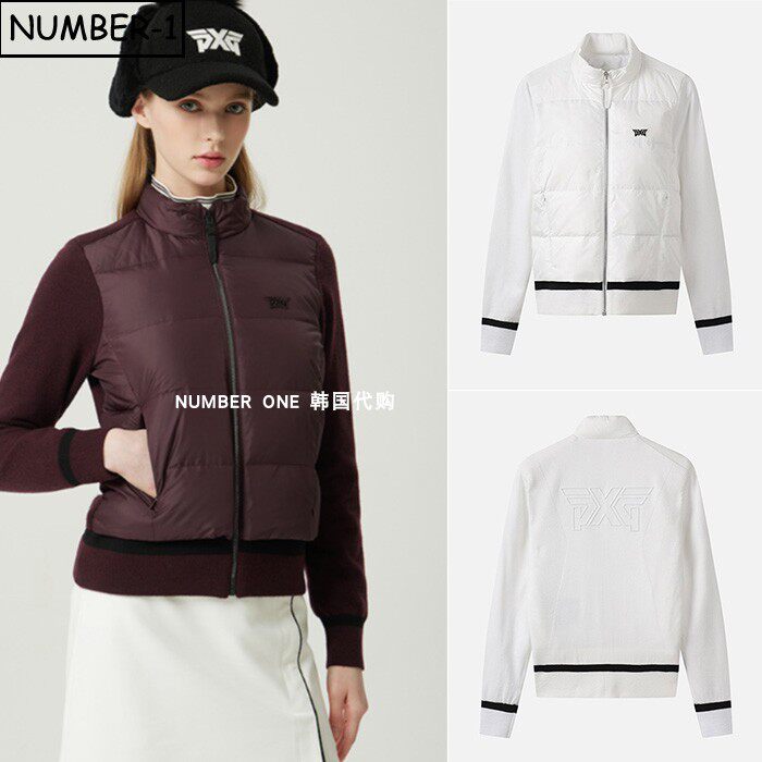 韩国代购pxg高尔夫球服25年女冬徽标拉链口袋长袖针织羽绒夹克衫