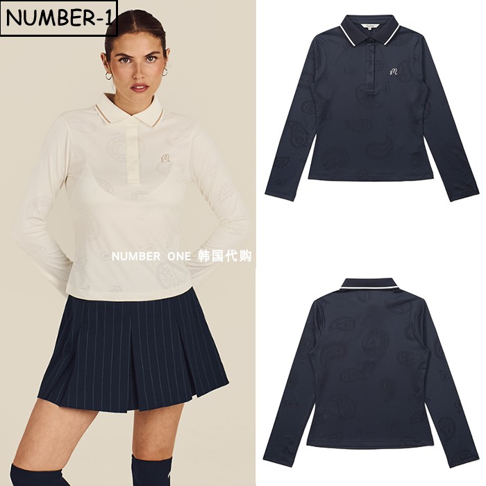 韩国代购malbon高尔夫球服25年女冬纯色徽标半纽扣翻领长袖套头衫