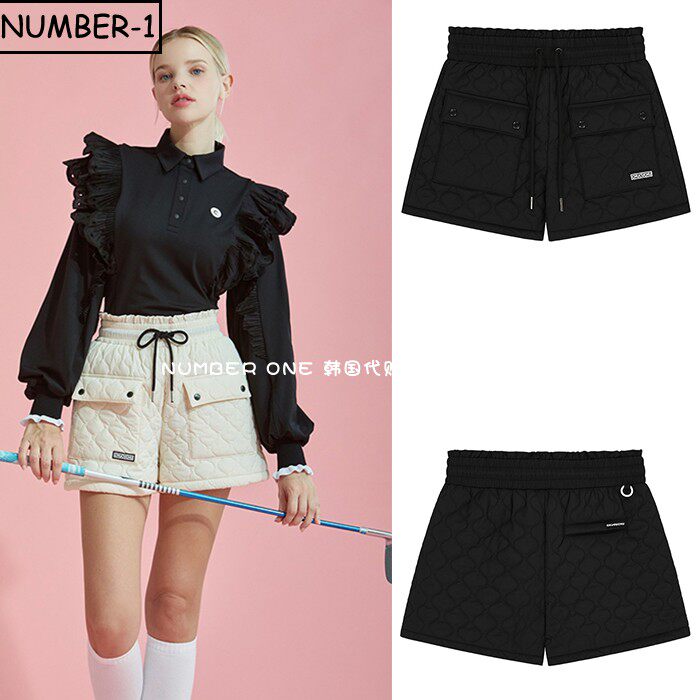 韩国代购CHUCUCHU高尔夫球服24年女冬季纯色徽标口袋系带绗缝短裤