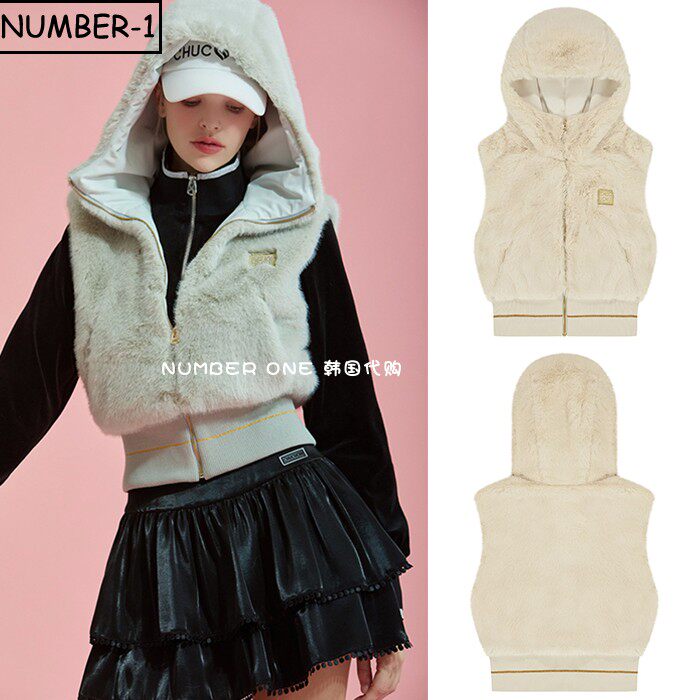 韩国代购CHUCUCHU高尔夫球服24年女冬季徽标口袋连帽毛皮拉链背心
