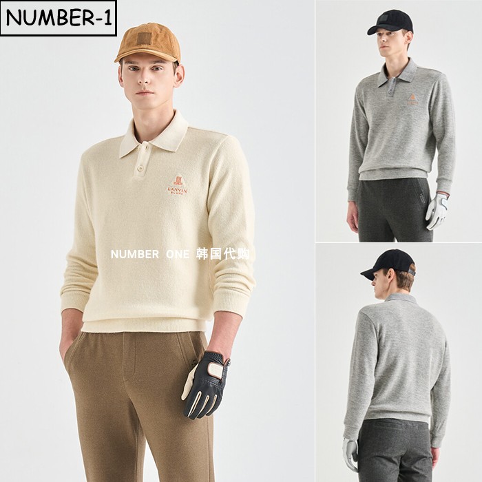 韩国代购高尔夫球服25年男冬徽标刺绣半纽扣翻领长袖羊毛保暖上衣