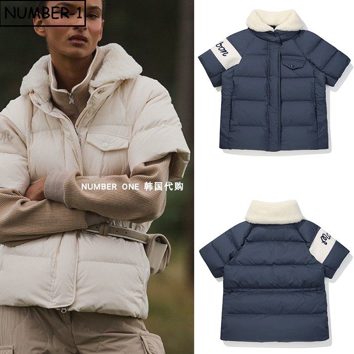 韩国代购malbon高尔夫球服25年女冬徽标口袋毛绒领短袖羽绒服上衣