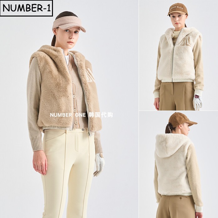 韩国代购高尔夫球服25年女冬季纯色徽标口袋拉链连帽无袖保暖背心