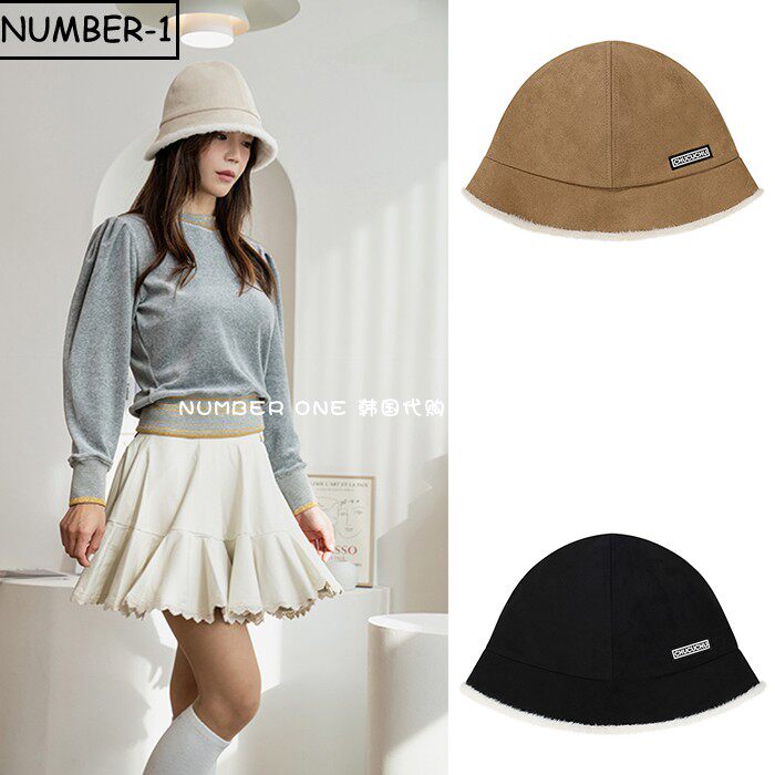 韩国代购CHUCUCHU高尔夫球帽24年女冬纯色徽标符号绒面毛绒渔夫帽