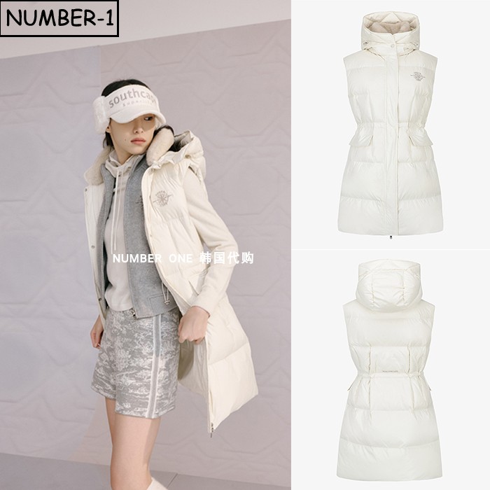 韩国代购southcape高尔夫球服25年女冬徽标毛绒连帽长款羽绒背心