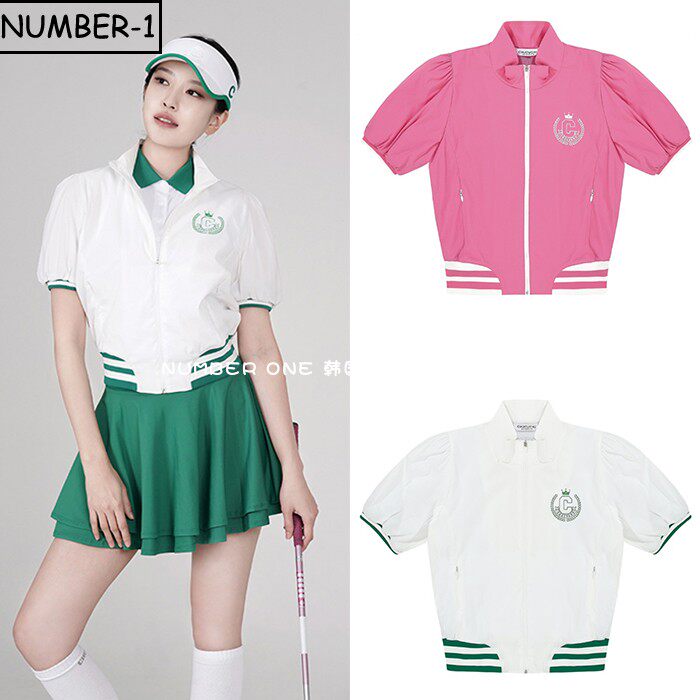 韩国代购CHUCUCHU高尔夫球服23年女夏季拉链口袋抽褶短袖T恤外套